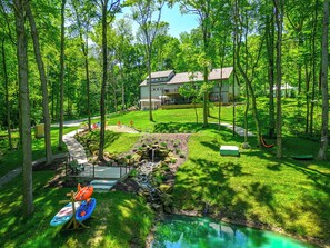 There are two ponds connected by a kid friendly waterfall