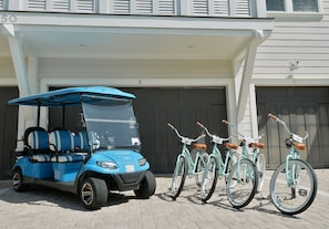 6-seater golf cart with 4 beach cruiser bikes