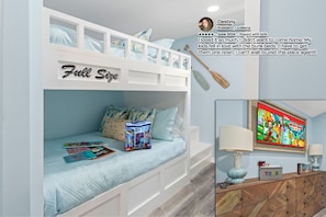 Our bunk room is a dream come true for kids. They’ll enjoy the soft beds and bright pillows. It’s close to the dining space and the main bathroom, so you can check on them easily.