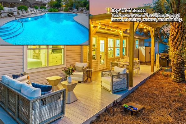 Imagine yourself relaxing on this cozy deck, surrounded by the warm glow of string lights. Enjoy a delicious meal under the pergola or curl up with a book in the sitting area.