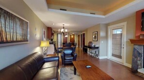 Open concept  living room, dining and kitchen area. 