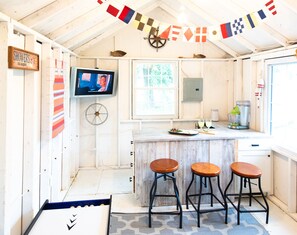 Game shed with bar, margarita machine, tv, skeeball and Street Fighter game