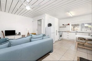 Comfortable sofa bed and fully equipped kitchen. 