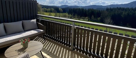 Südbalkon mit Aussicht auf Wald, Wiesen und Hauchenberg