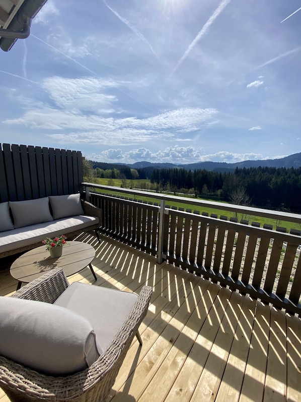 Südbalkon mit Aussicht auf Wald, Wiesen und Hauchenberg