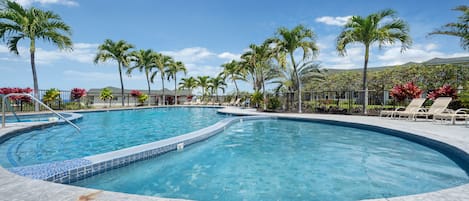 There is a large pool, shallow pool for the children and a large hot tub.