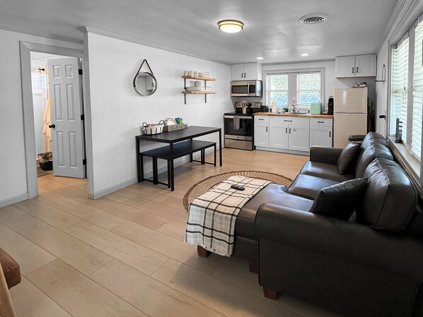 Open living space with leather sofa