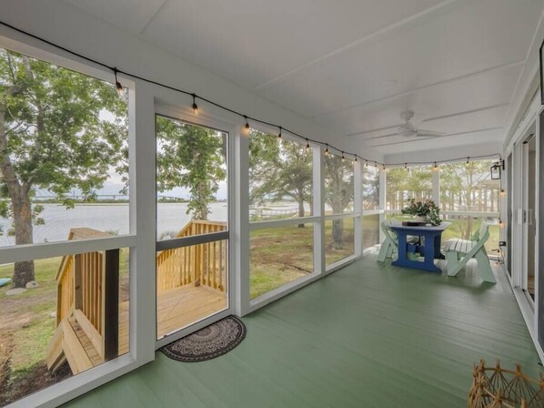 Large porch overlooking the water