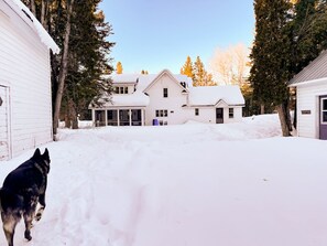 Backyard in winter. We provide a few snowshoes so you can explore the trails.