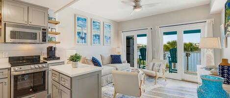 Living area and kitchen with a view