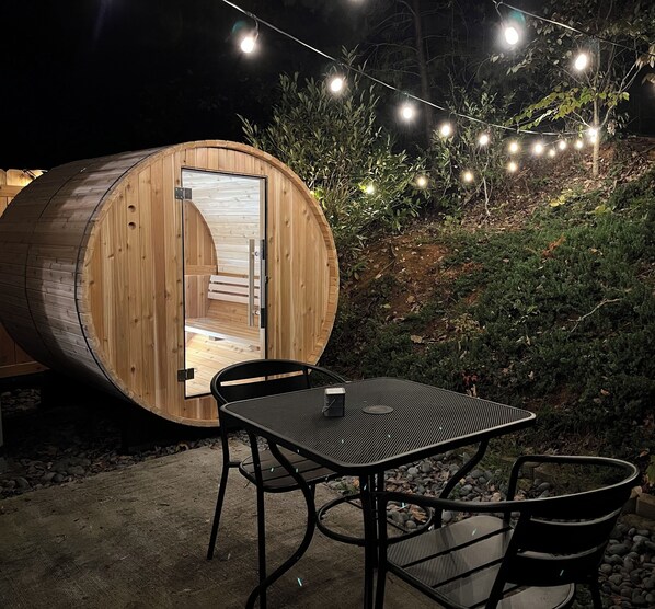 Enjoy the beautiful barrel sauna with room for four.