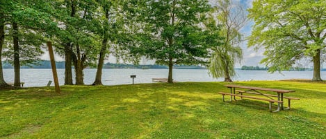 Picnic table and grill in back yard