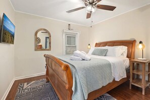 Our second bedroom features a Queen-size bed, closet, 42-inch TCL Roku TV and shared bath.