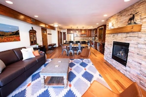 Spacious living room with gas fireplace