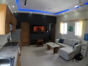 The living room with a 55inch tv with 100meg internet.
