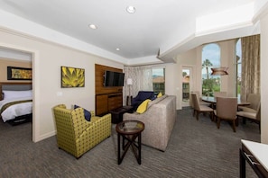 Living room comes with a sleeper sofa and separate dining area allows for 6 guests at the table, and 3 at the kitchen counter.