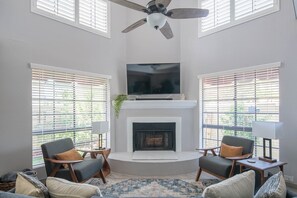 Our living room with TV and fireplace
