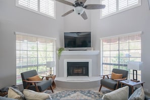 Our living room with TV and fireplace