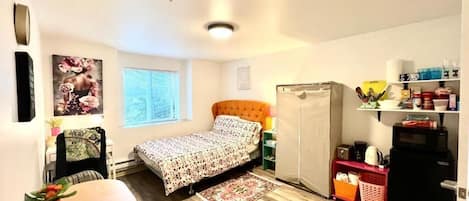 Queen size bed, wardrobe, night stand, computer desk, swivel chair