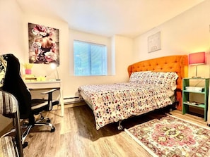 Full size bed, wardrobe, night stand, computer desk, swivel chair