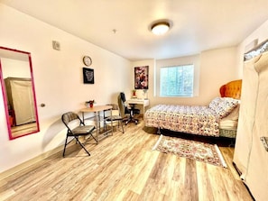 Full size bed, wardrobe, night stand, computer desk, swivel chair