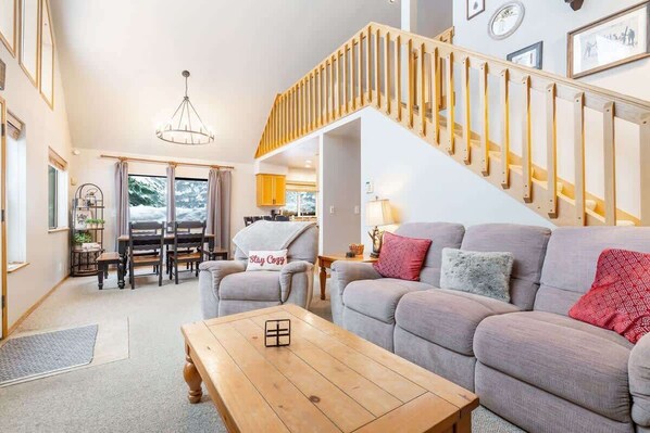 The second, loft living room with futon is upstairs.