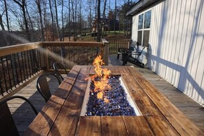 Propane powered fire table for guests to enjoy.  Lid is available to cover for outdoor dining.