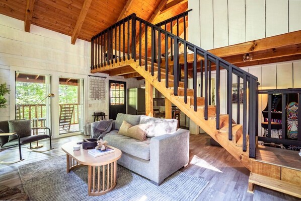 Vaulted wood ceiling and an open concept living space