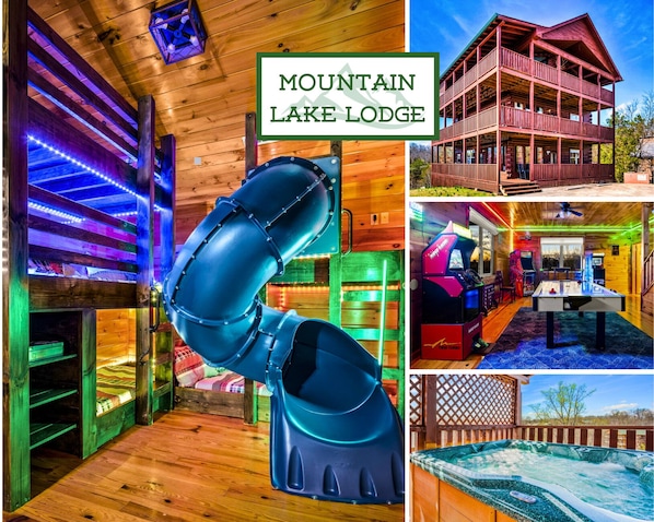 MOUNTAIN LAKE LODGE is a spacious cabin for up to 19 guests with indoor slide, hot tub, game room, and theater room. Families have loved gathering in this fun cabin!