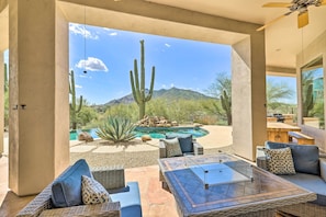 Covered Patio | Fire Table | Outdoor Dining Area | Mountain Views