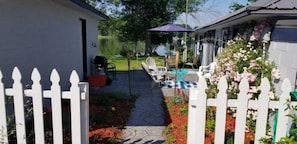 A welcoming walkway and patio greets you upon arrival.