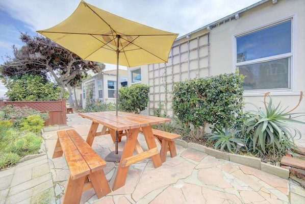 The outdoor patio offers a great space for dining outside. 