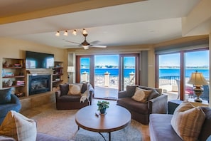 Sectional seating, TV and fireplace