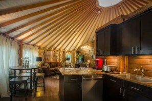From morning coffee to dinner, this yurt’s kitchen brings comfort to the great outdoors.