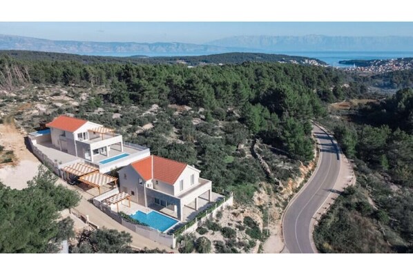 Villas Anouk and Belpur | View from above, Jelsa in the background