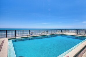 Spacious pool and pool deck area.