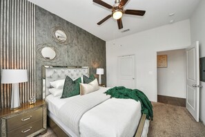 Queen bedding with comfortable mattress, premium bedding, feather filled pillows