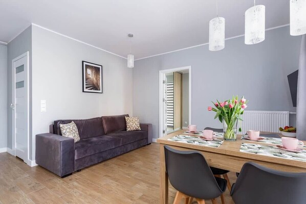 Living room with a comfortable fold-out sofa, TV and dining area