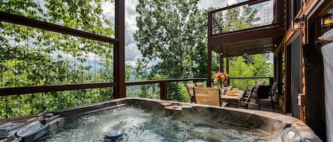 Hot tub on main deck - enjoy the fabulous views while soaking after a long day!