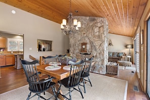 Dining Room with Tongue and Groove Ceilings and Hardwood Floors