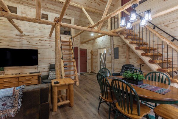 The wood beams and log stairs are handcrafted from Island park forests.