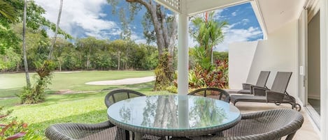 The back patio overlooks the fifth hole of Mirage Country Club. Dine alfresco while watching the golfers pass by.