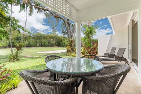 The back patio overlooks the fifth hole of Mirage Country Club. Dine alfresco while watching the golfers pass by.