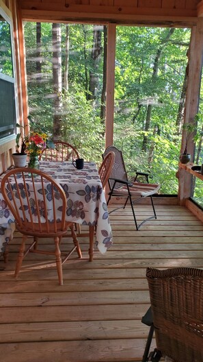 screened in porch, surrounded by nature