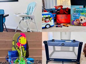 High chair, Pack ‘n Play, toys, books, and beach gear