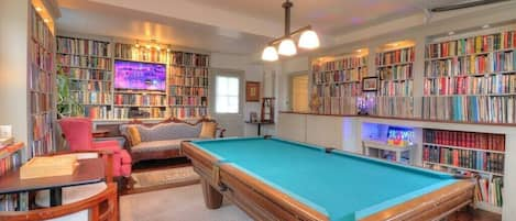 Library and Game Room, Bluetooth Stereo, Disco Ball, Pool, Darts, Shoot the Moon, Rock em Sock Em Robots, Chess and More!