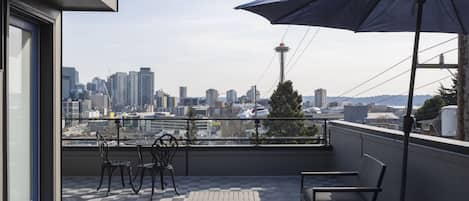 Spetacular Space Needle and Seattle downtown skyline view from private deck