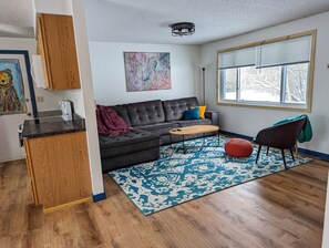 The house sleeps 8-10, so we got the biggest couch this living room could hold!