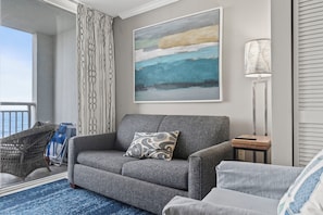 comfy living room with sleeper sofa
