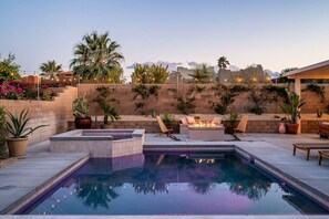 newly built pool + spa with natural gas fire pit